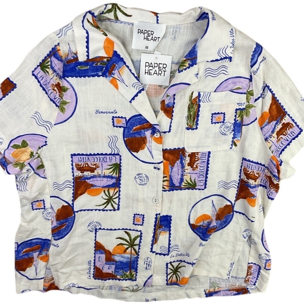 Paper Heart Postcard Floral Shirt Womens XS Ivory Rayon Linen Oversized NWT